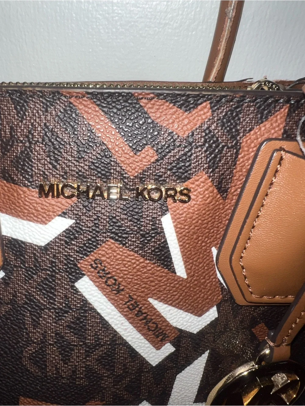 Michael Kors Brown, Tan and White Logo Satchel with Gold Charm